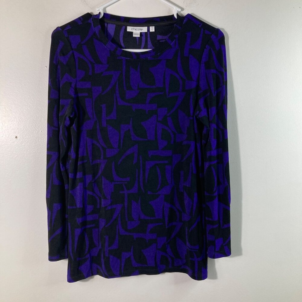 Womens Chicos Slinky Travel Top Purple Black Geometric Design S Acetate Spandex